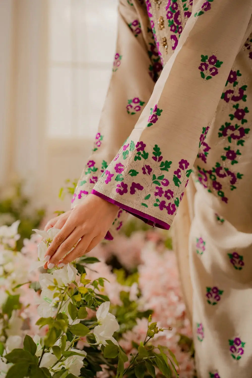 3 Pcs Women's Stitched Linen Embroidered Suit - Beige - Design 3 - image 3