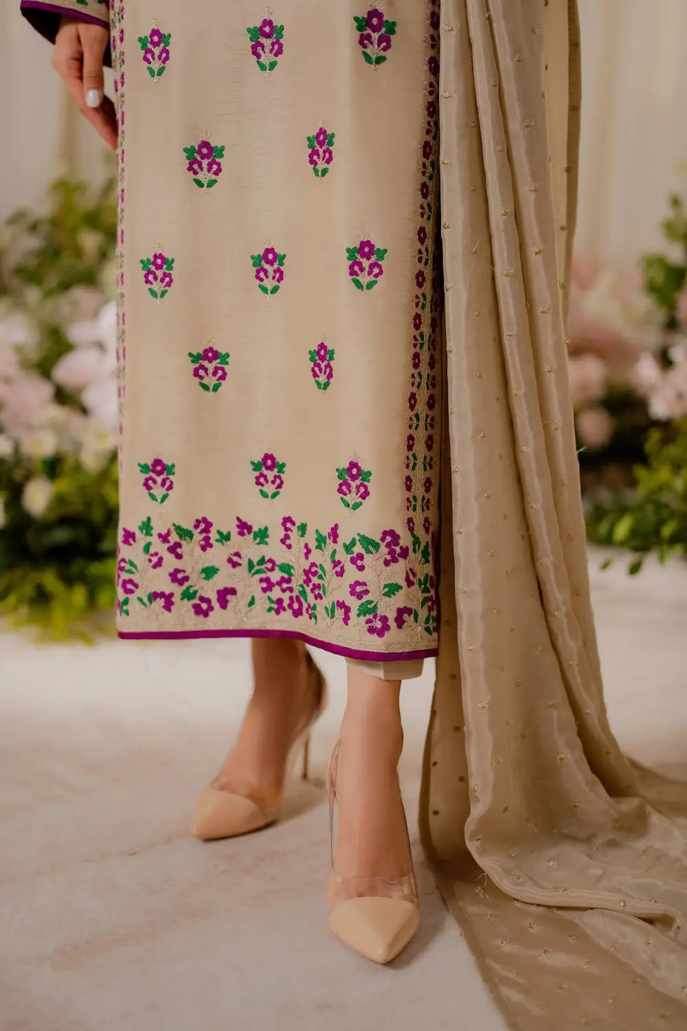 3 Pcs Women's Stitched Linen Embroidered Suit - Beige - Design 3 - image 4