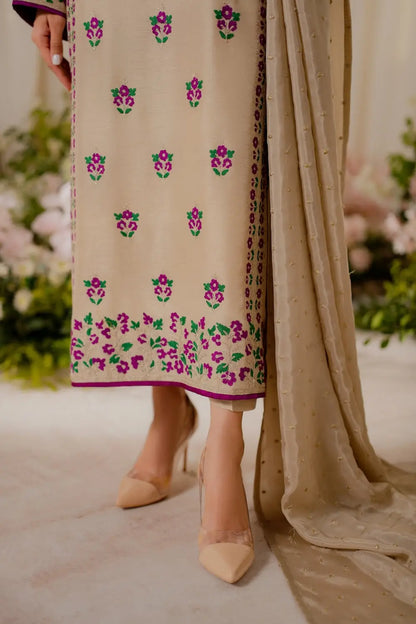3 Pcs Women's Stitched Linen Embroidered Suit - Beige - Design 3 - image 4