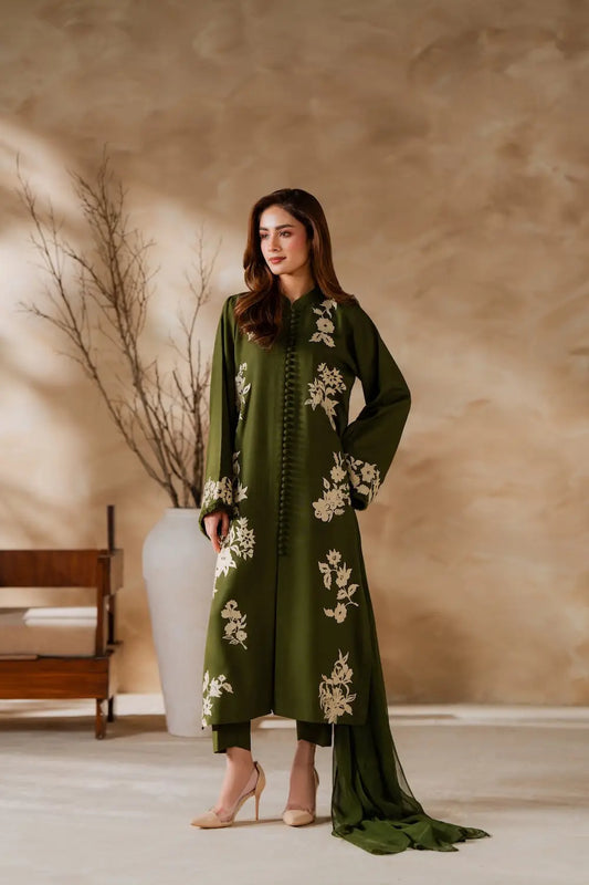 3 Pcs Women's Stitched Linen Embroidered Suit - Green - Design 1 - image 1
