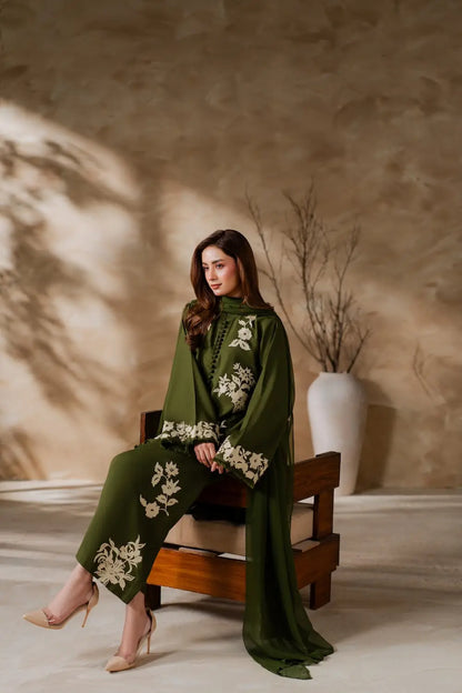3 Pcs Women's Stitched Linen Embroidered Suit - Green - Design 1 - image 2