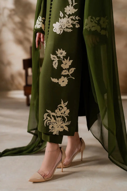 3 Pcs Women's Stitched Linen Embroidered Suit - Green - Design 1 - image 3