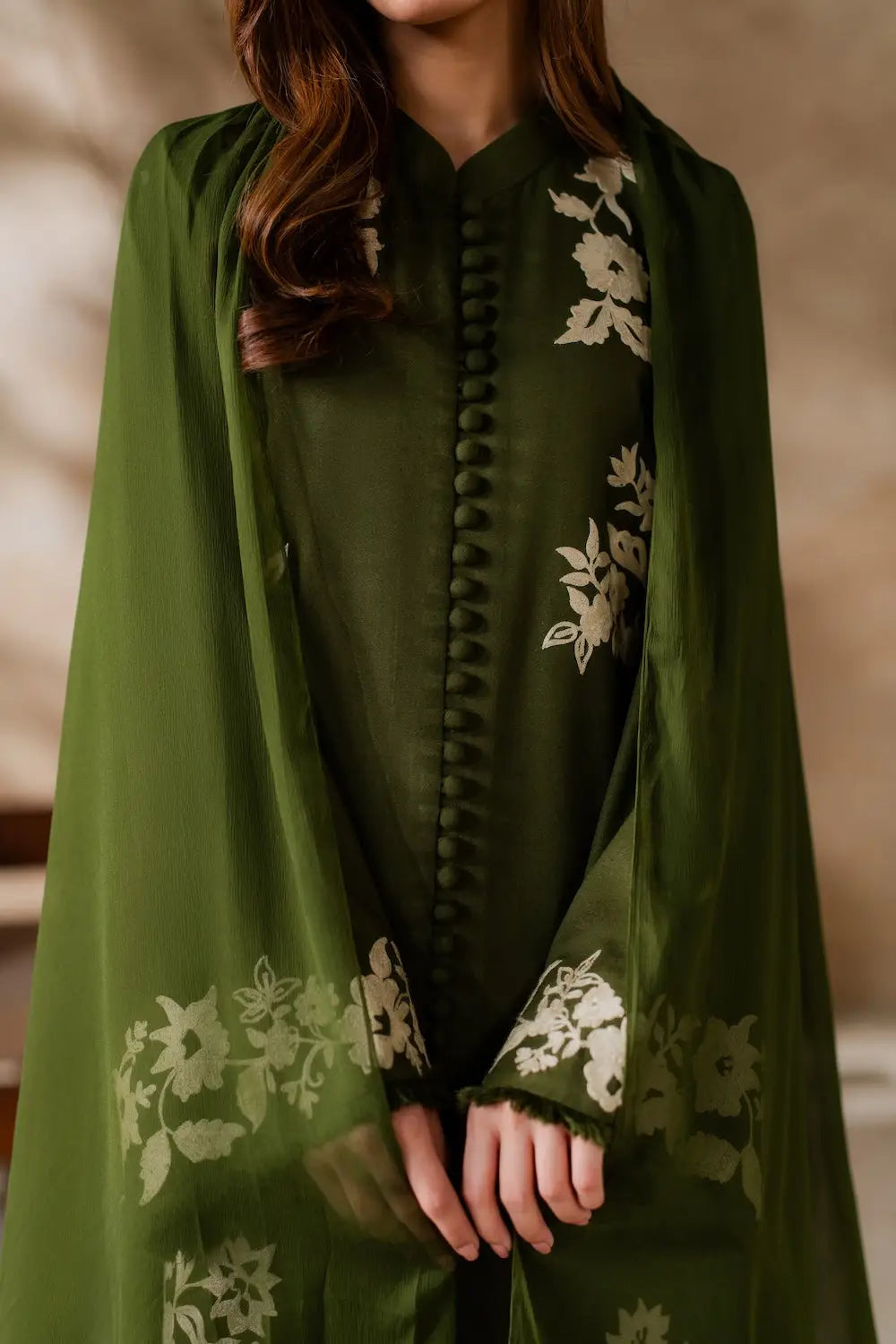 3 Pcs Women's Stitched Linen Embroidered Suit - Green - Design 1 - image 4