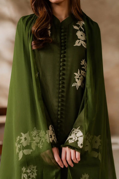 3 Pcs Women's Stitched Linen Embroidered Suit - Green - Design 1 - image 4