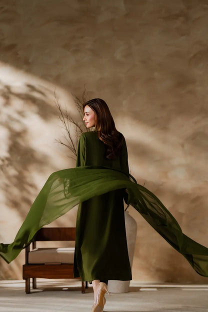 3 Pcs Women's Stitched Linen Embroidered Suit - Green - Design 1 - image 5