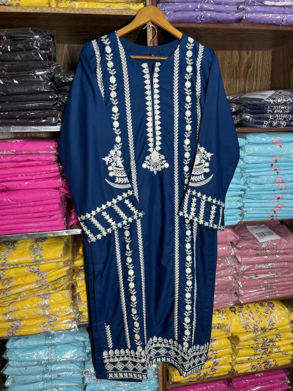 3 Pcs Women's Stitched Linen Embroidered Suit - Blue - Design 3 - image 6