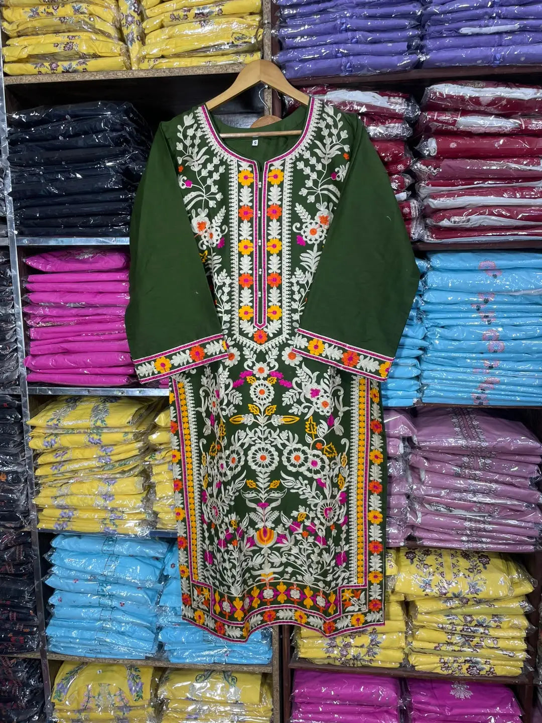 3 Pcs Women's Stitched Linen Embroidered Suit - Green - Design 3 - image 5