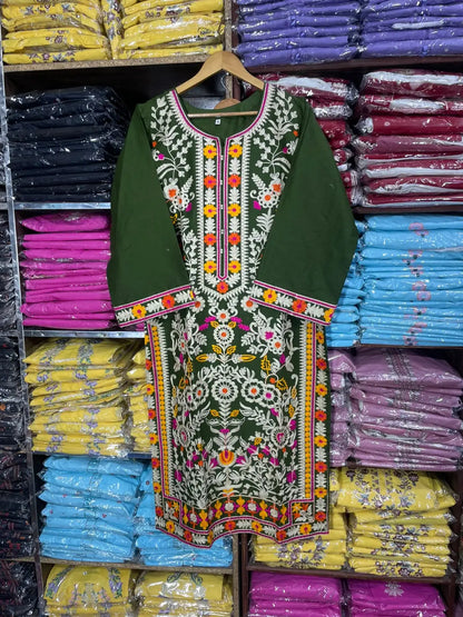 3 Pcs Women's Stitched Linen Embroidered Suit - Green - Design 3 - image 5