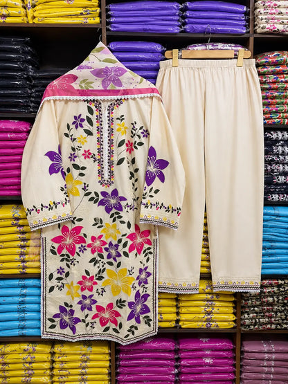 3 Pcs Women's Stitched Linen Embroidered Suit - Beige - Design 2 - image 6