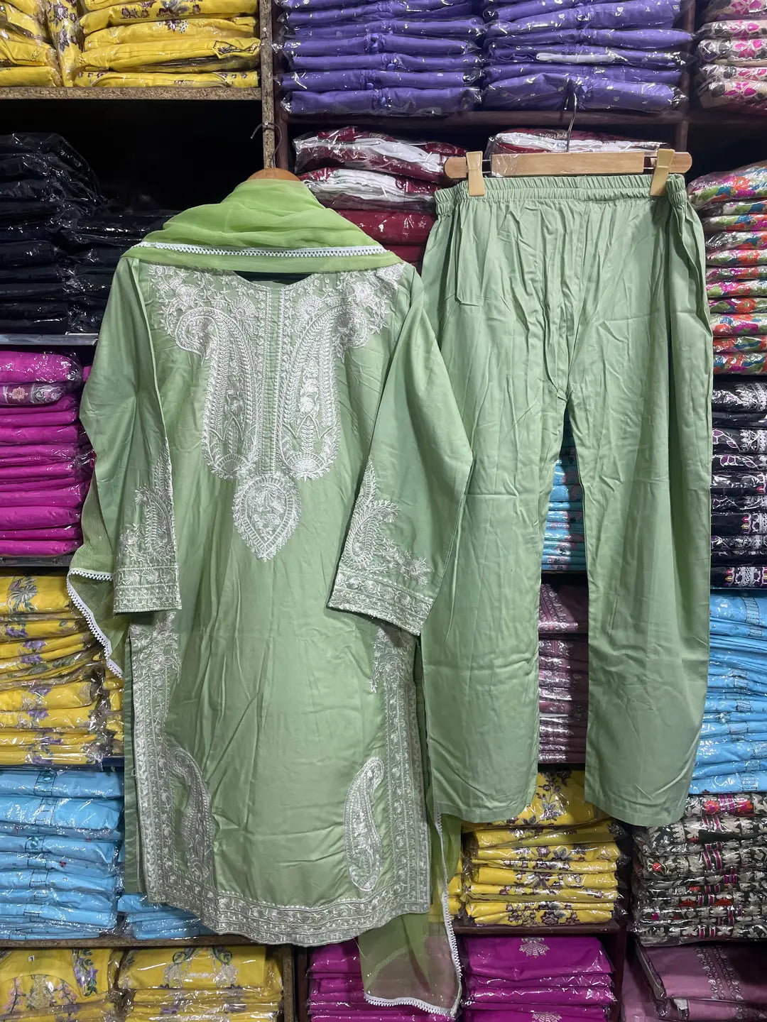 3 Pcs Women's Stitched Linen Embroidered Suit - Green - Design 2 - image 7