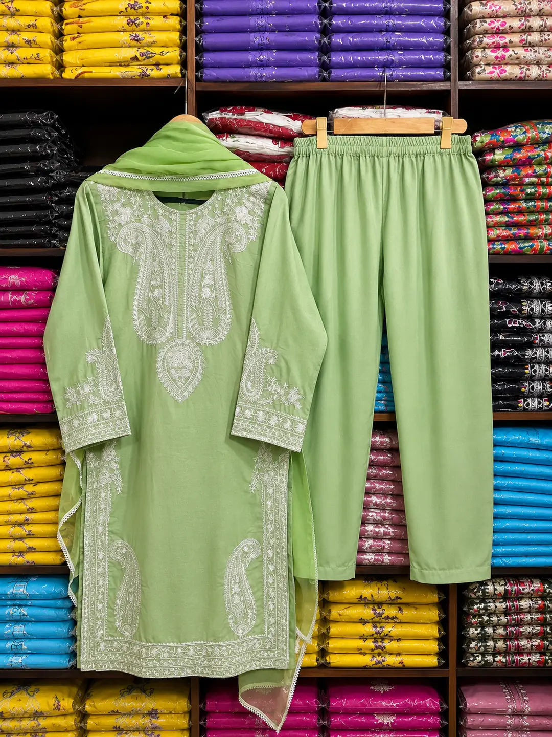 3 Pcs Women's Stitched Linen Embroidered Suit - Green - Design 2 - image 8