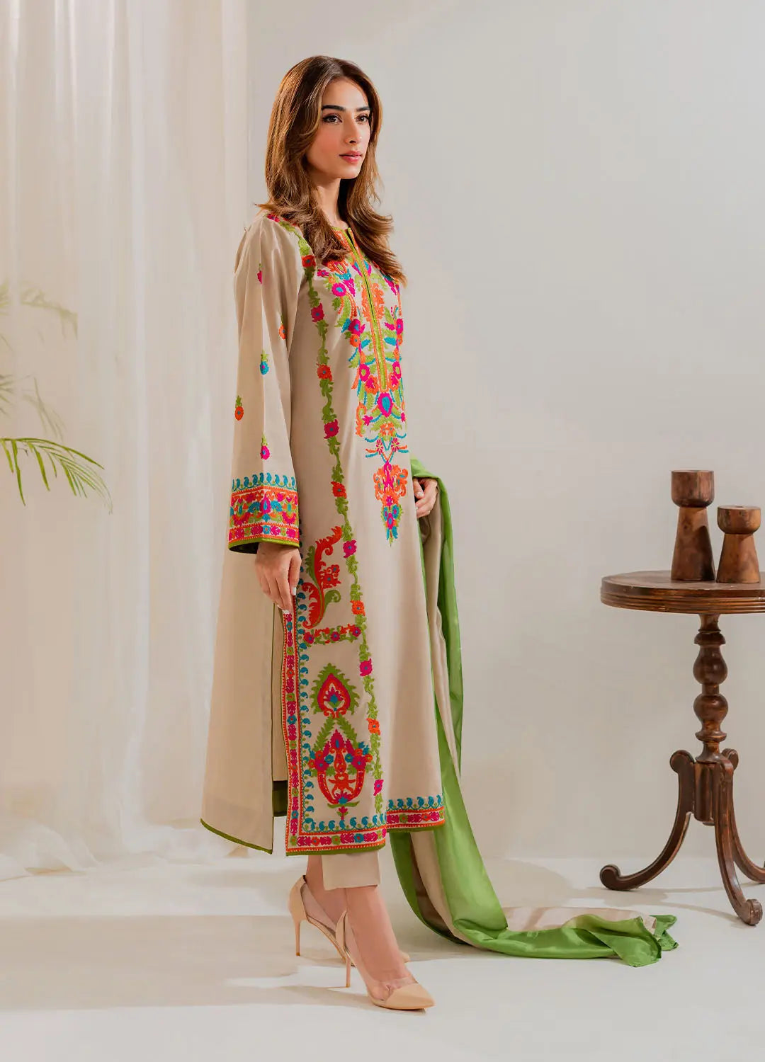 3 Pcs Women's Stitched Linen Embroidered Suit - Beige - Design 1 - image 4