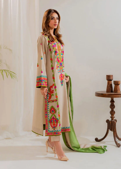 3 Pcs Women's Stitched Linen Embroidered Suit - Beige - Design 1 - image 4
