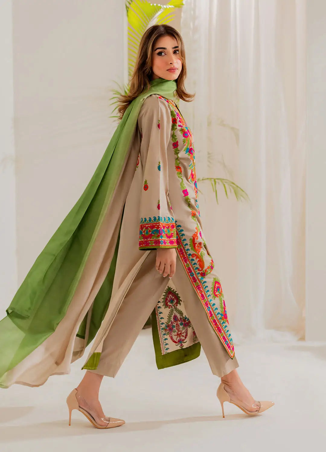 3 Pcs Women's Stitched Linen Embroidered Suit - Beige - Design 1 - image 5