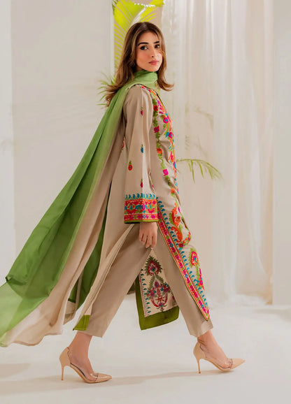 3 Pcs Women's Stitched Linen Embroidered Suit - Beige - Design 1 - image 5