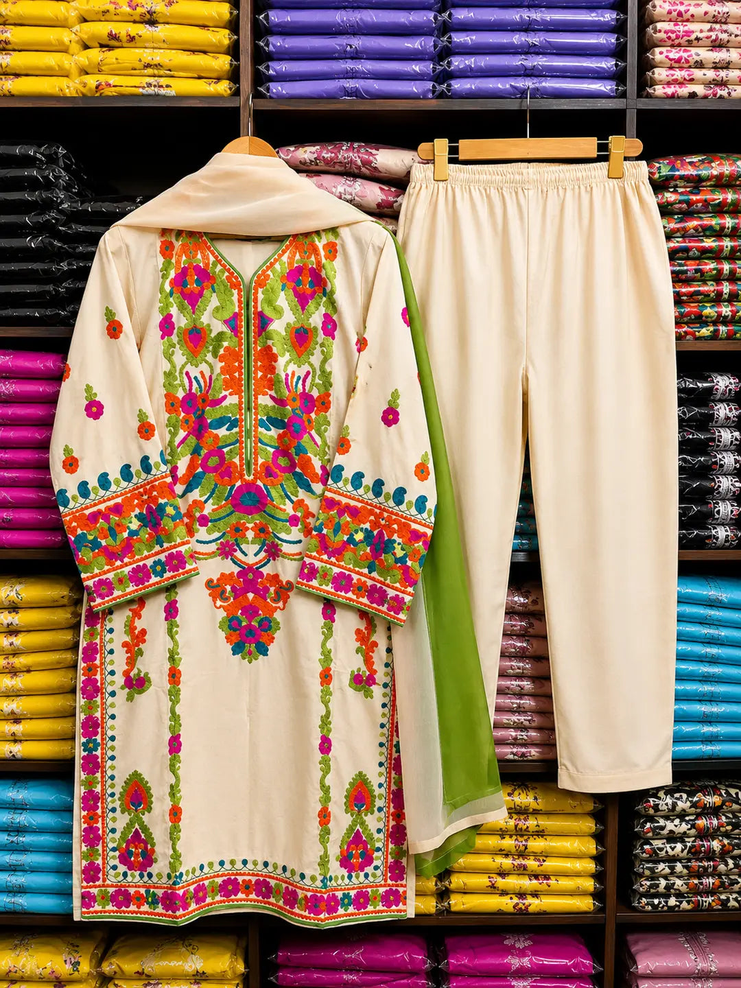 3 Pcs Women's Stitched Linen Embroidered Suit - Beige - Design 1 - image 6