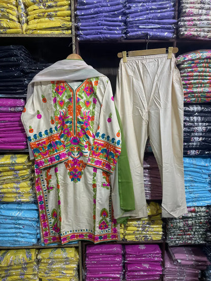 3 Pcs Women's Stitched Linen Embroidered Suit - Beige - Design 1 - image 7