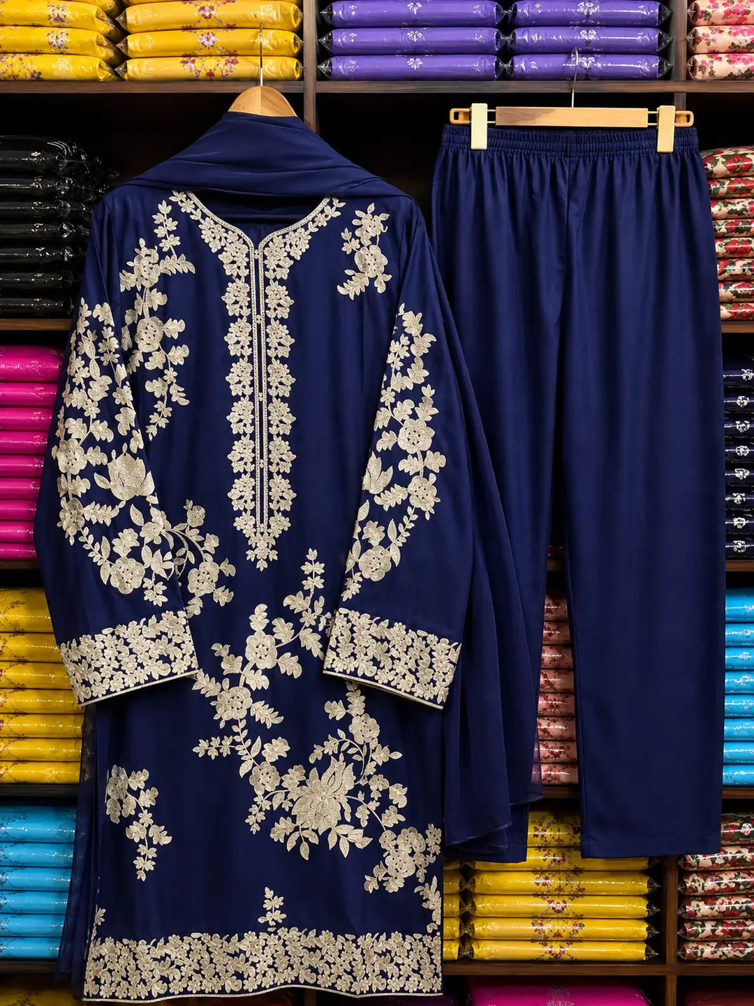 3 Pcs Women's Stitched Linen Embroidered Suit - Blue - Design 2 - image 3