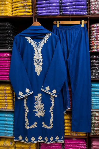 3 Pcs Women's Stitched Linen Embroidered Suit - Blue - Design 1 - image 7