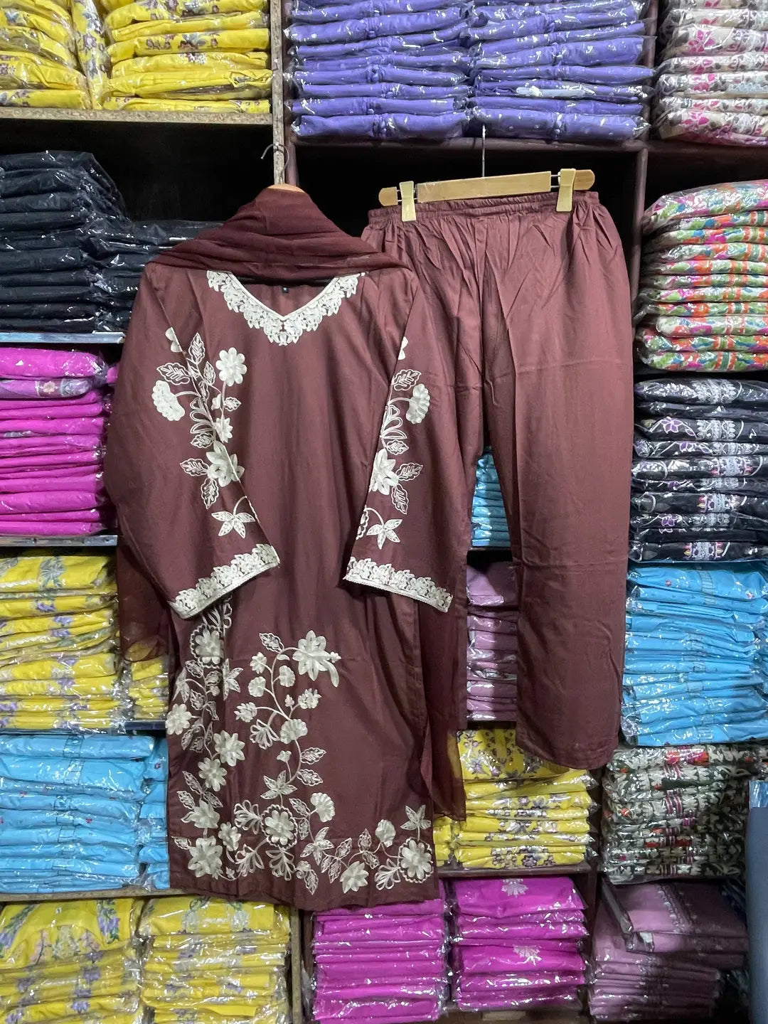 3 Pcs Women's Stitched Linen Embroidered Suit - Brown - image 8