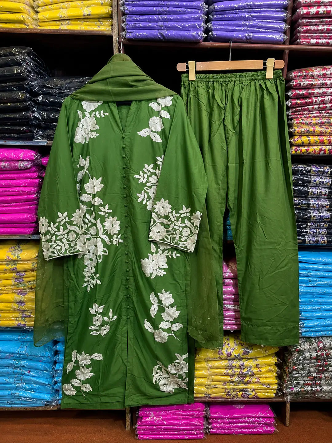 3 Pcs Women's Stitched Linen Embroidered Suit - Green - Design 1 - image 7