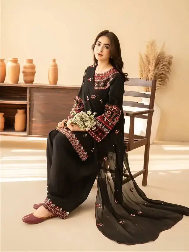 3 Pcs Women's Stitched Cotton Embroidered Suit - Black - image 1