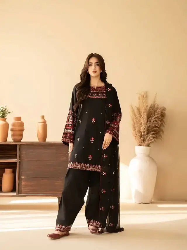 3 Pcs Women's Stitched Cotton Embroidered Suit - Black - image 2