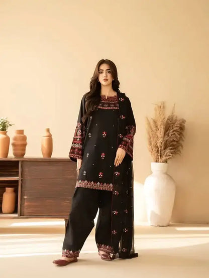 3 Pcs Women's Stitched Cotton Embroidered Suit - Black - image 2