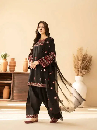3 Pcs Women's Stitched Cotton Embroidered Suit - Black - image 3