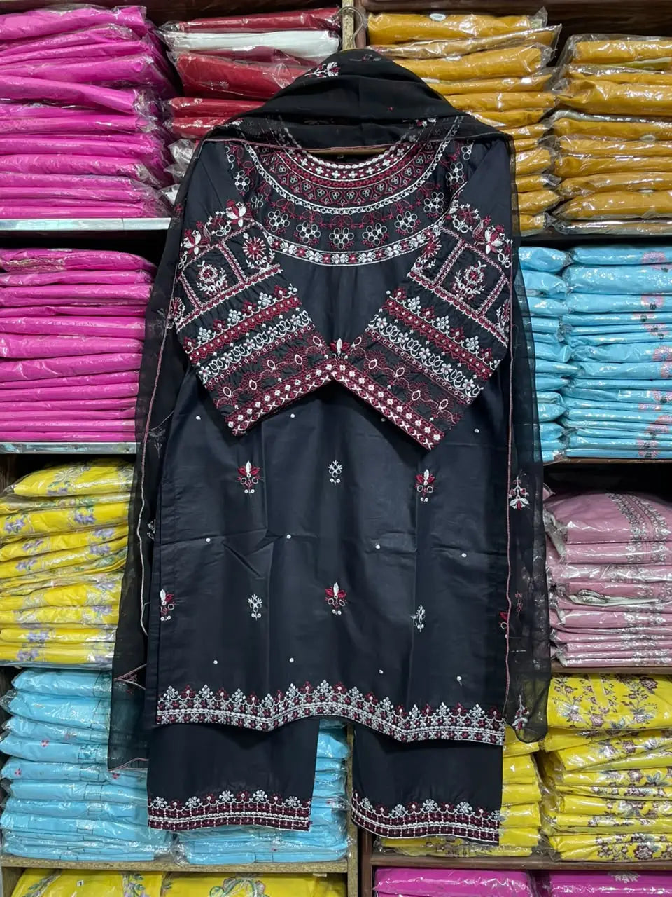 3 Pcs Women's Stitched Cotton Embroidered Suit - Black - image 4