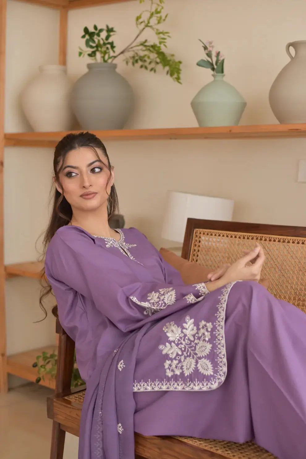 3 Pcs Women's Stitched Cotton Embroidered Suit - Purple - image 1