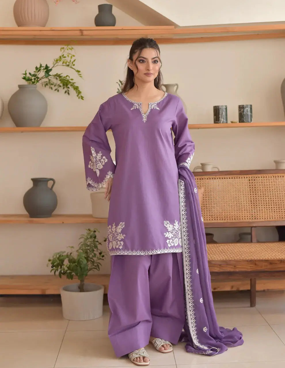 3 Pcs Women's Stitched Cotton Embroidered Suit - Purple - image 2