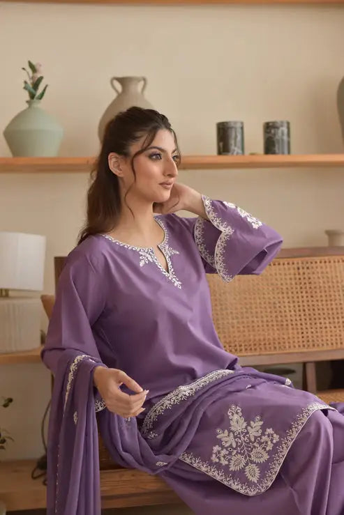 3 Pcs Women's Stitched Cotton Embroidered Suit - Purple - image 3