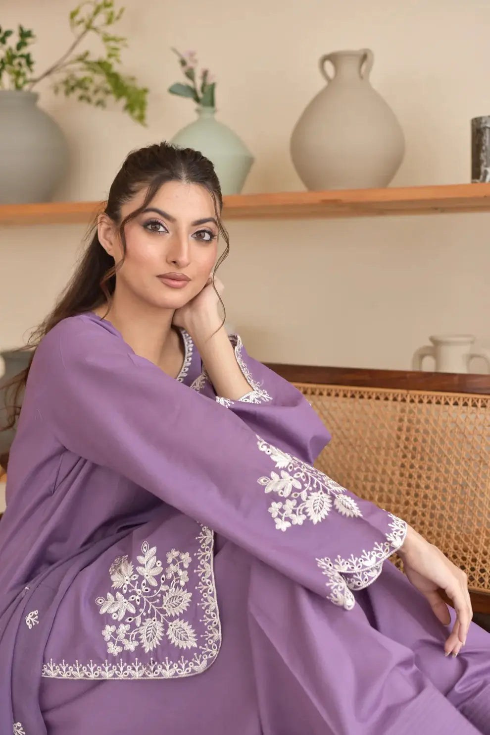 3 Pcs Women's Stitched Cotton Embroidered Suit - Purple - image 4