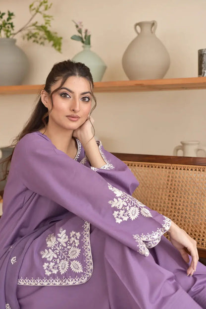3 Pcs Women's Stitched Cotton Embroidered Suit - Purple - image 4