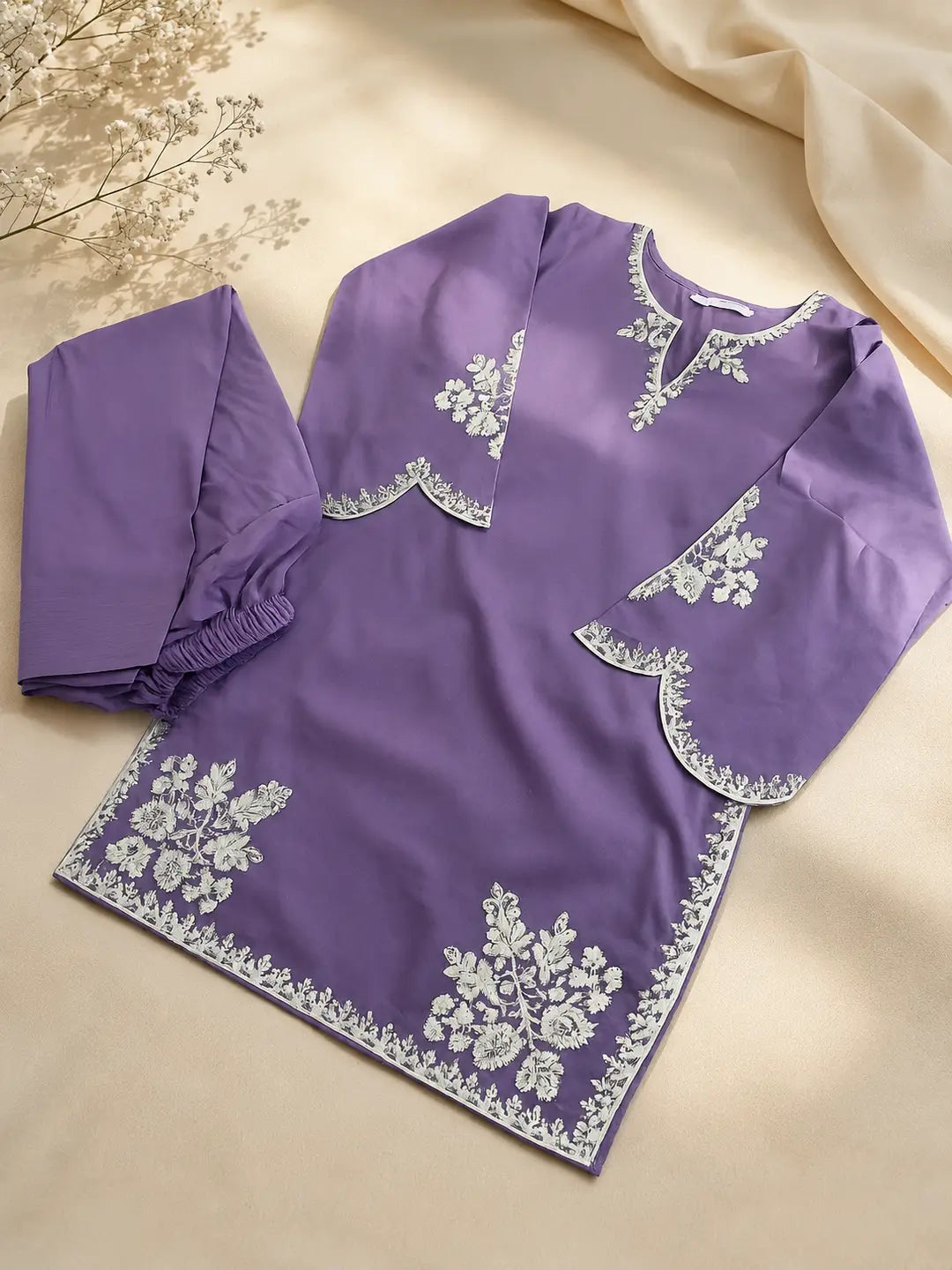 3 Pcs Women's Stitched Cotton Embroidered Suit - Purple - image 5