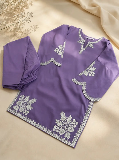 3 Pcs Women's Stitched Cotton Embroidered Suit - Purple - image 5