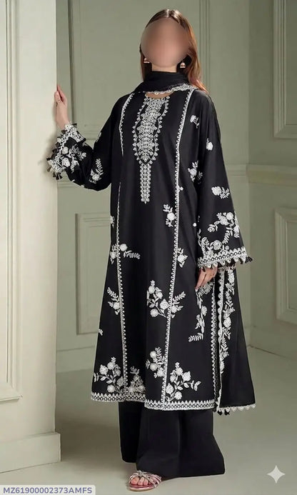 3 Pcs Women's Unstitched Embroidered Suit - Lawn Black - image 1