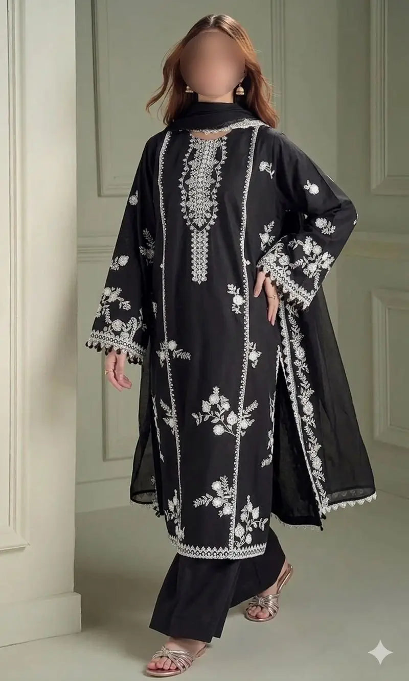 3 Pcs Women's Unstitched Embroidered Suit - Lawn Black - image 2
