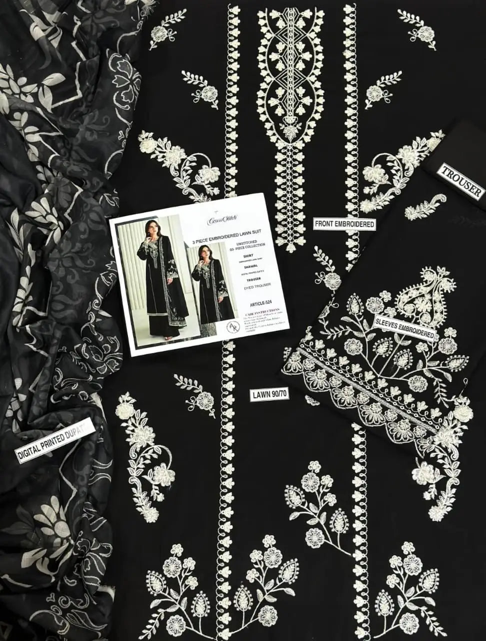 3 Pcs Women's Unstitched Embroidered Suit - Lawn Black - image 3
