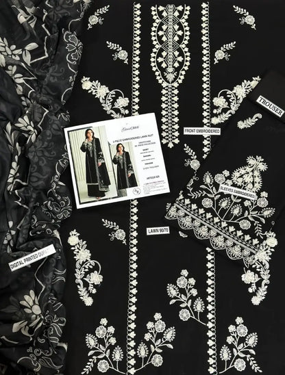 3 Pcs Women's Unstitched Embroidered Suit - Lawn Black - image 3