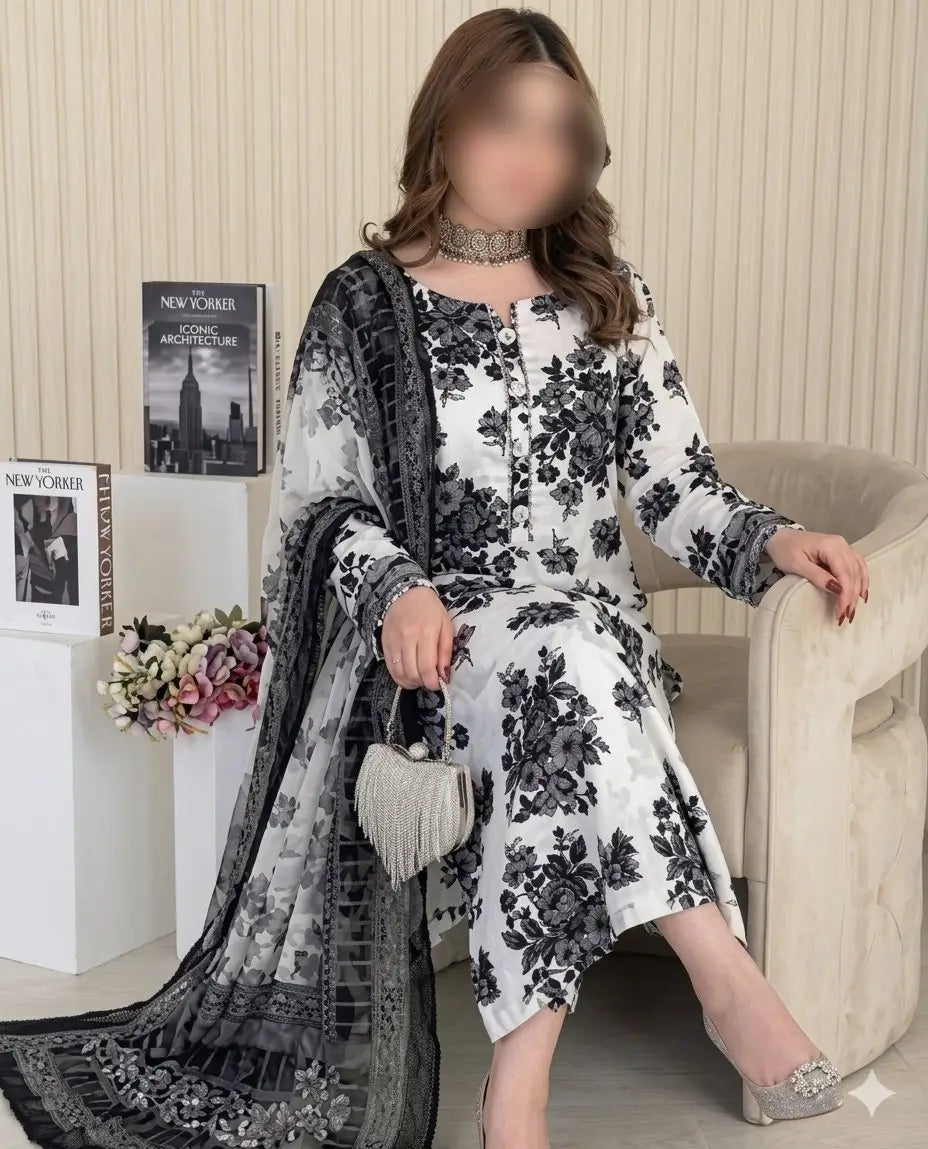 3 Pcs Women's Unstitched Digital Print Suit - Lawn Multicolor - Design 2 - image 1