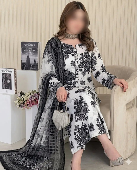 3 Pcs Women's Unstitched Digital Print Suit - Lawn Multicolor - Design 2 - image 1