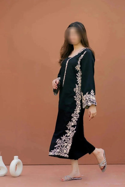 Black Embroidered Lawn Shirt with Cotton Trouser Set - image 1