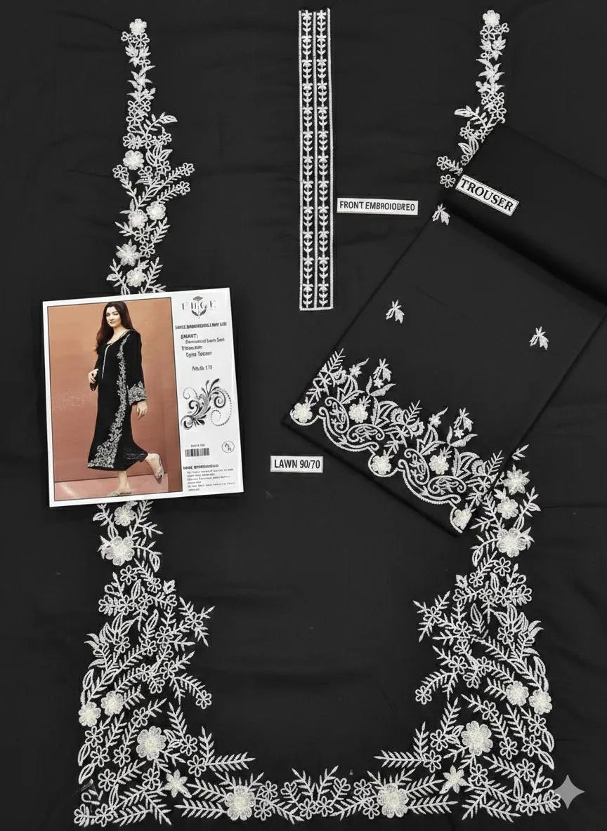 Black Embroidered Lawn Shirt with Cotton Trouser Set - image 2