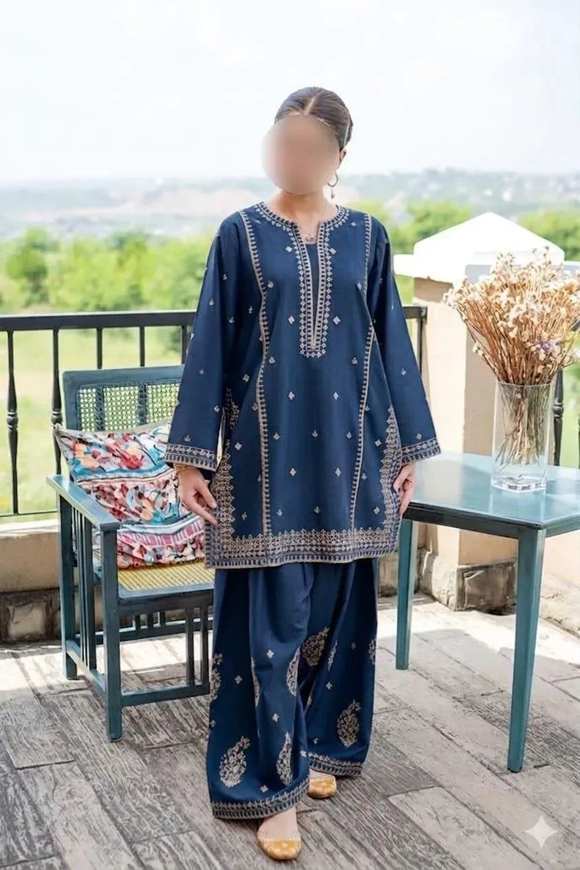 Blue Embroidered Lawn Shirt & Cotton Trouser Set - image 1