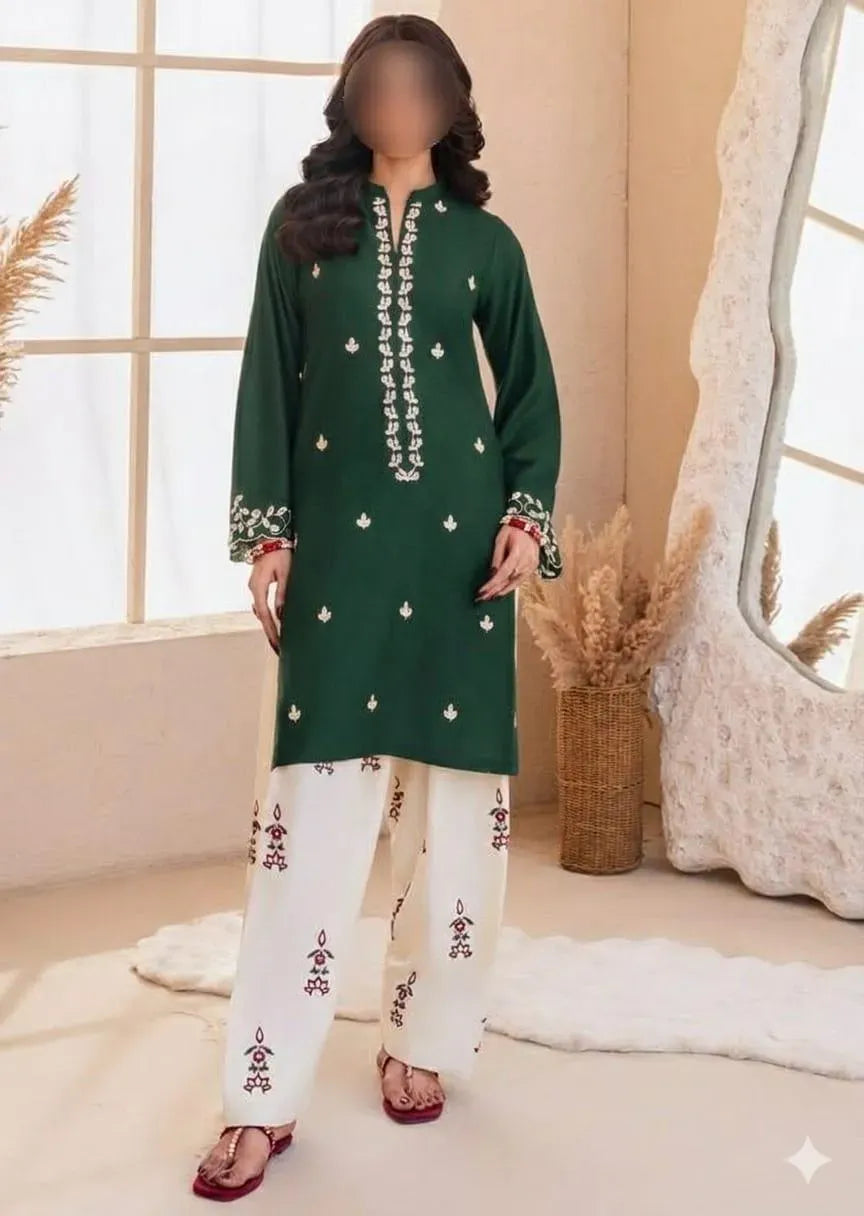 Green Embroidered Lawn Shirt & Cotton Trouser Set - image 1