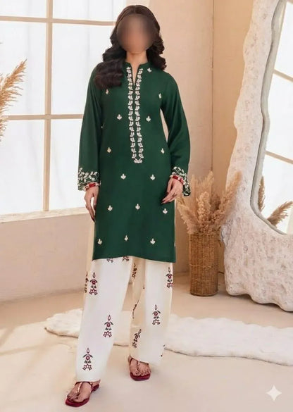 Green Embroidered Lawn Shirt & Cotton Trouser Set - image 1
