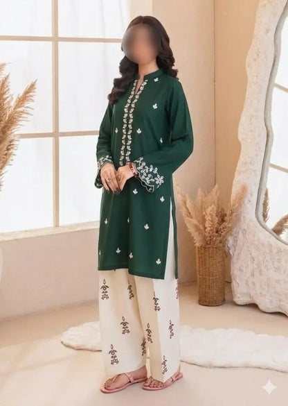 Green Embroidered Lawn Shirt & Cotton Trouser Set - image 2