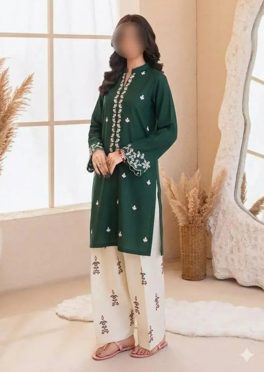 Green Embroidered Lawn Shirt & Cotton Trouser Set - image 2